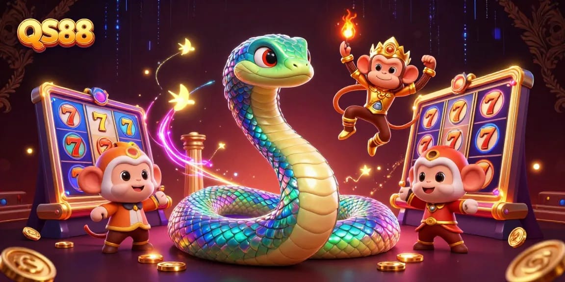Spin the reels at QS88 with vibrant slot game elements and a fantasy scene of a rainbow serpent and monkey king.