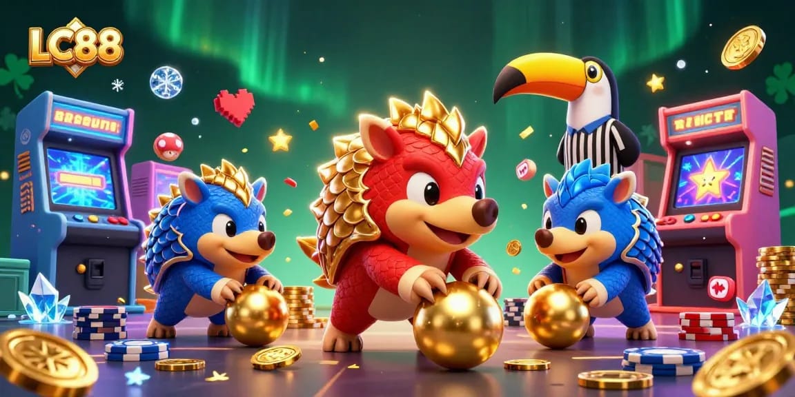 Experience fun at LC88 with pangolins bowling through poker chips in this vibrant 3D scene.