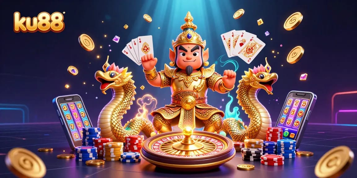 ku88 unleashes excitement with an energetic 3D casino scene featuring vibrant characters and glittering game elements.
