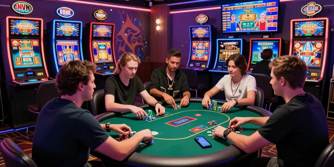 Dynamic gambling scene at non UK casinos not on Gamstop featuring diverse players, exciting games, and vibrant atmosphere.