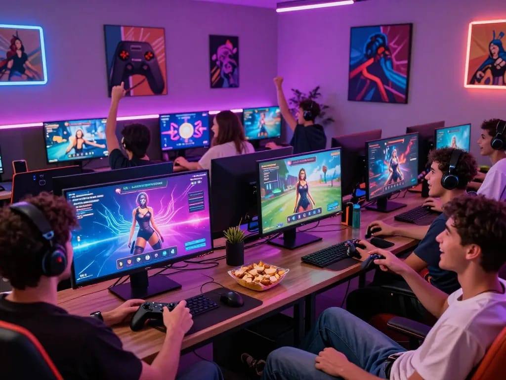 Group of friends playing online porn games in a vibrant gaming lounge atmosphere