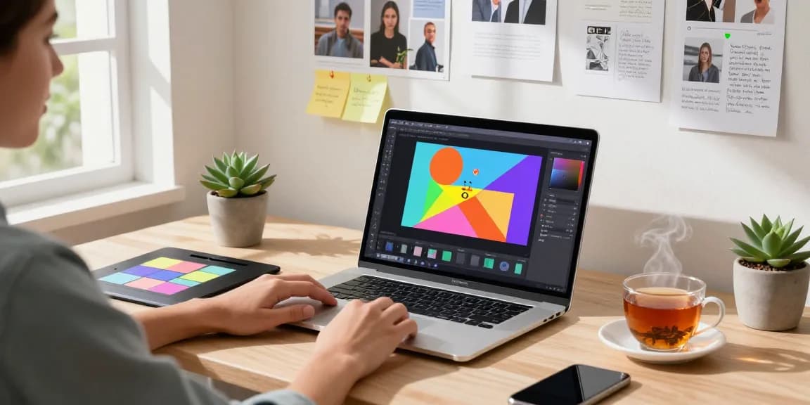 Creative professional showcasing the Nano Banana 2 image editor in a modern workspace filled with digital design tools.