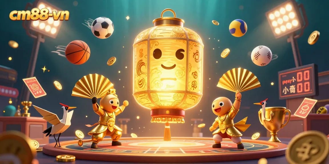Experience exciting gaming at cm88-vn with vibrant golden lanterns and dynamic sports elements.