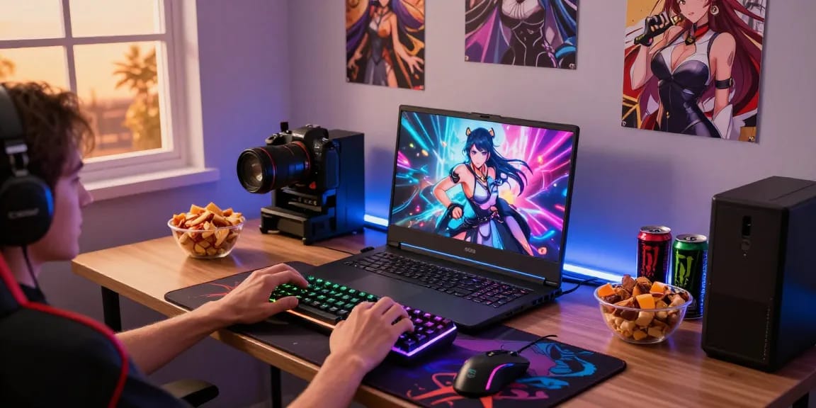 Playing real hentai games with immersive setup and vibrant gaming accessories.