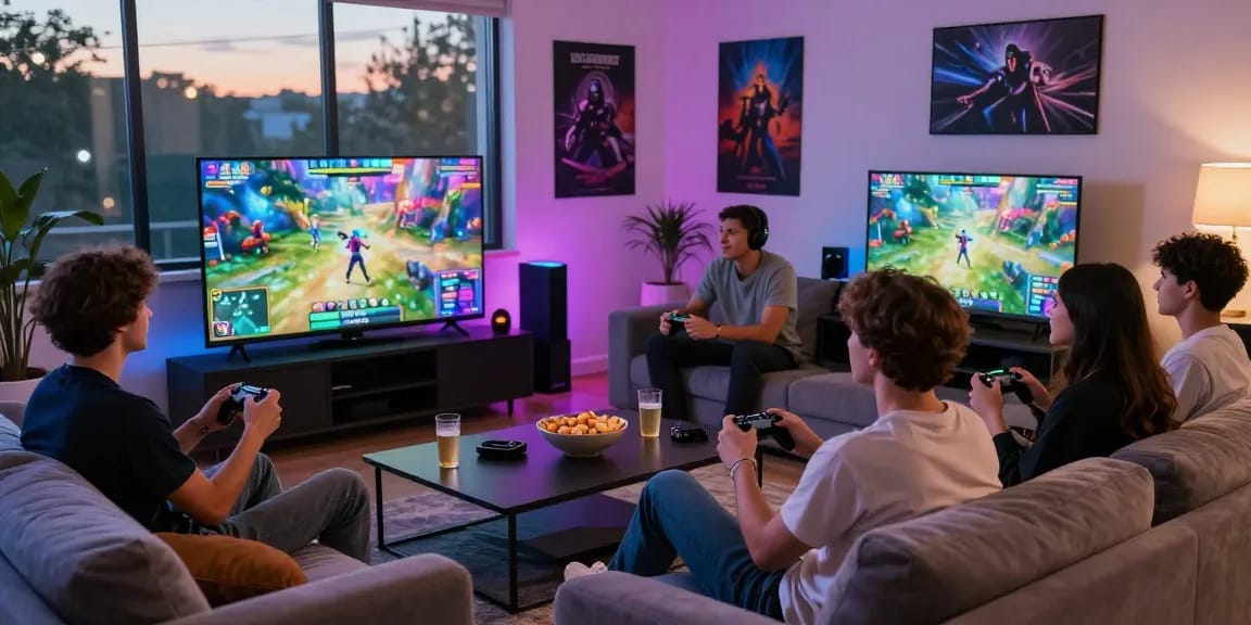 Friends enjoying a multiplayer iwin game in a vibrant living room setting with a smart TV.