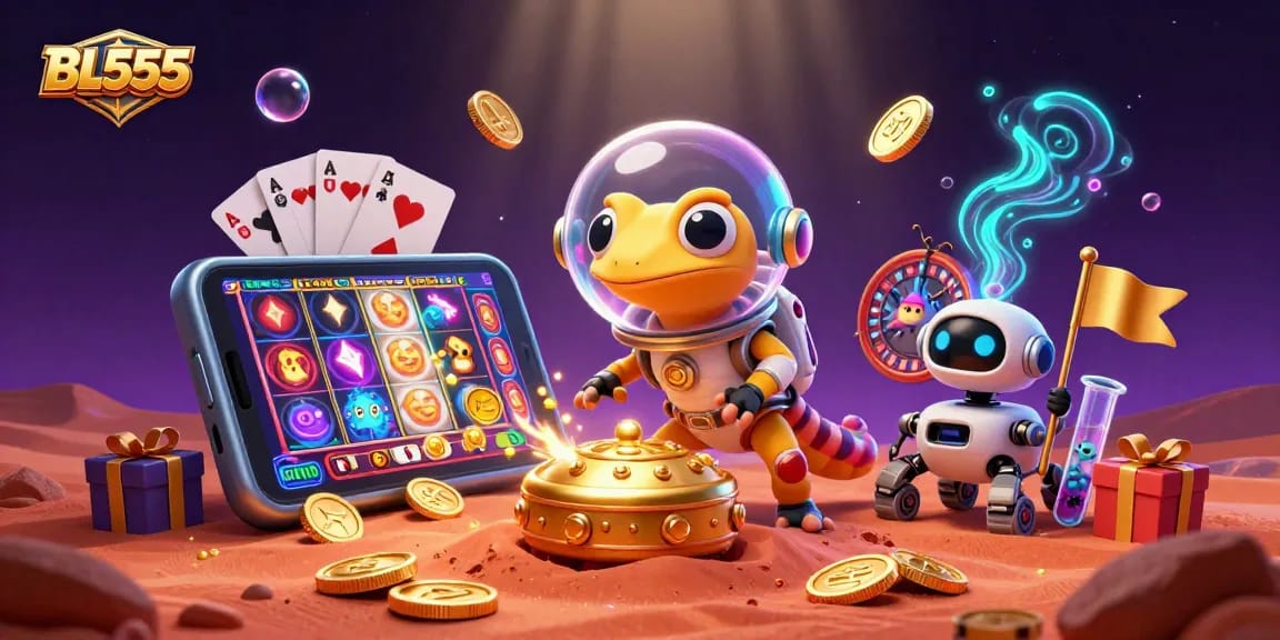 Engage with BL555 in this vibrant 3D casino scene, featuring a Martian gecko and exciting gaming elements.