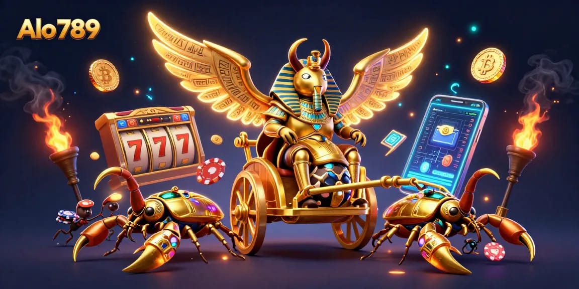 Alo 789 offers thrilling live action in a packed 3D casino scene featuring golden scarabs and slot elements.