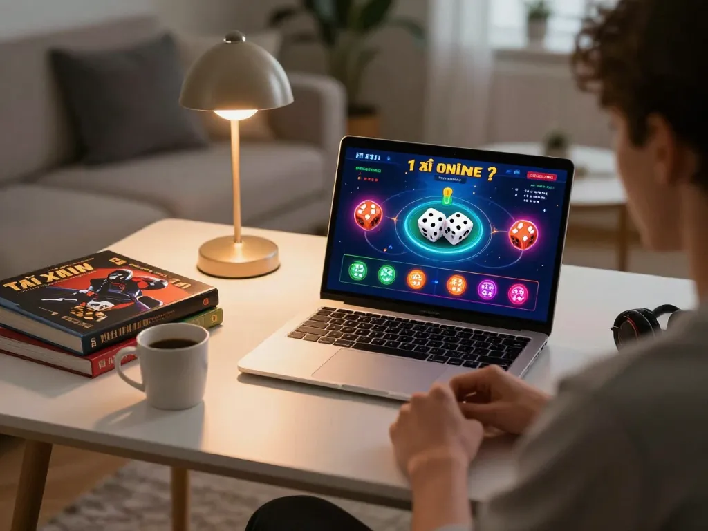 Tài xỉu online gameplay showcasing an individual engaging with a casino app on their laptop.