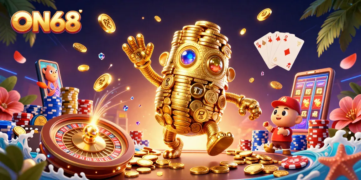 Experience thrilling gaming with ON68: a golden golem amidst dazzling casino elements.