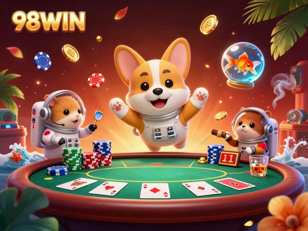 Immerse yourself in 98WIN's vibrant casino scene featuring a cheerful astronaut corgi and floating poker elements.