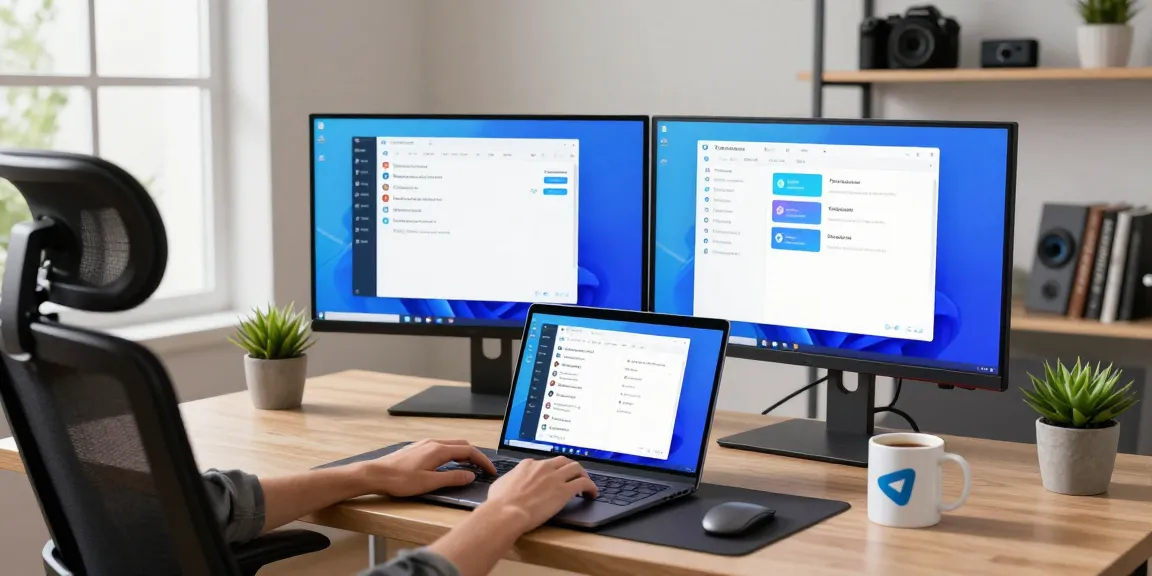 Using the Telegram Web Version on a modern laptop desktop setup with chat windows visible.