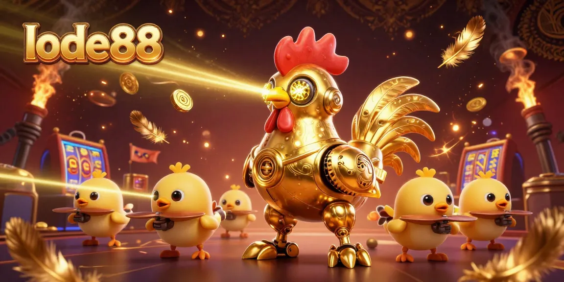 Engage with lode88 through a vibrant casino scene featuring a golden rooster robot and baby chick drones.