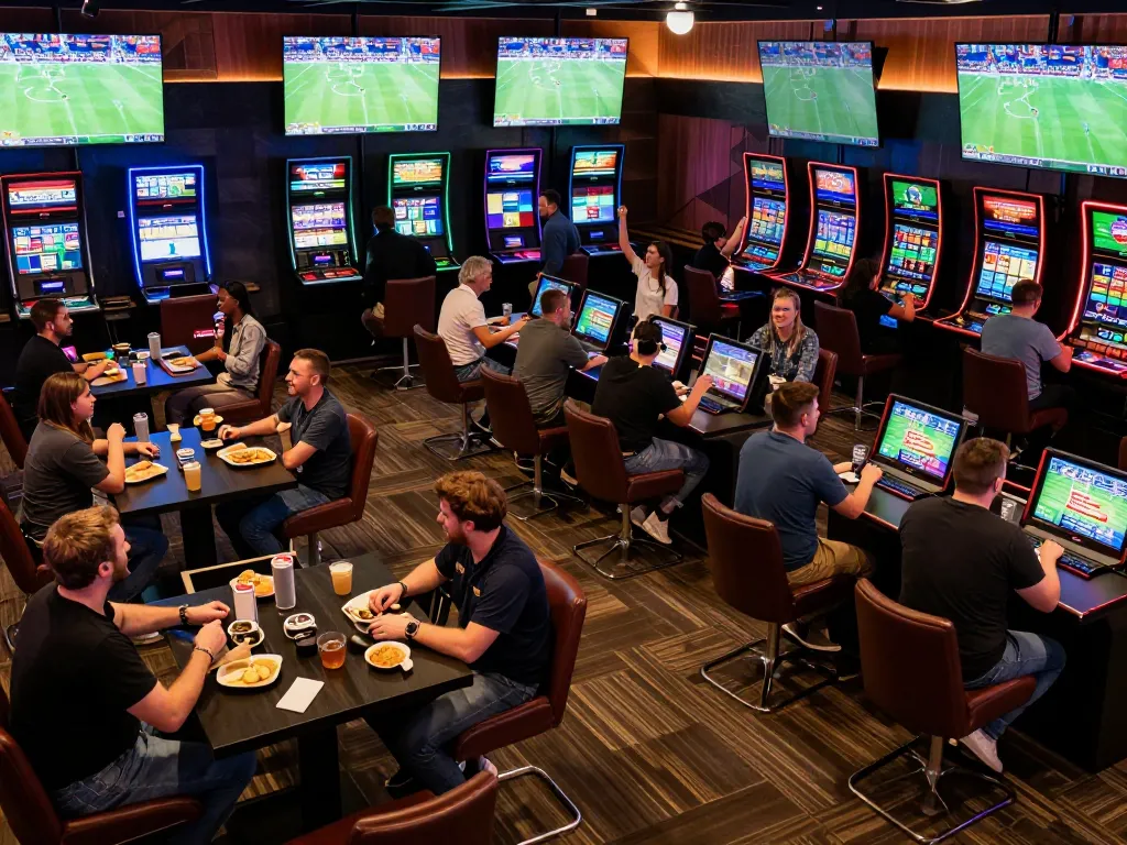 People engaging in sports betting at keonhacaii lounge, with live screens and vibrant atmosphere.