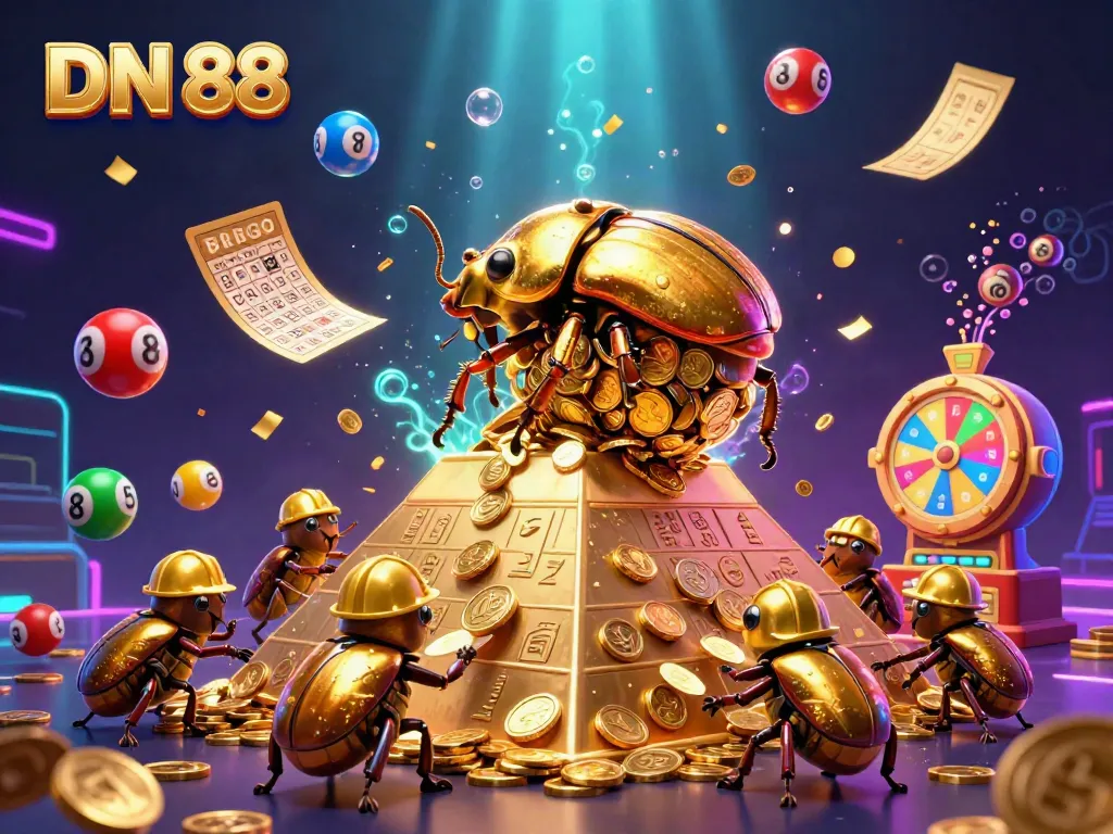 Join the excitement at DN 88 as golden beetles roll coins, surrounded by vibrant gaming elements.