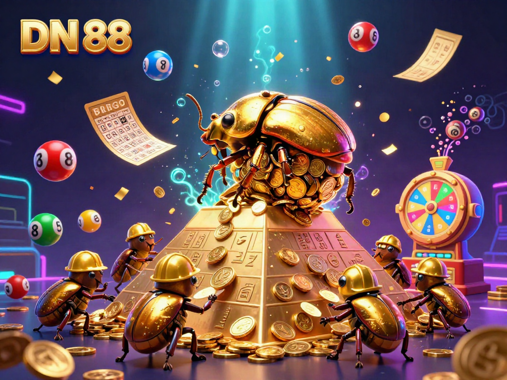 Join the excitement at DN 88 as golden beetles roll coins, surrounded by vibrant gaming elements.