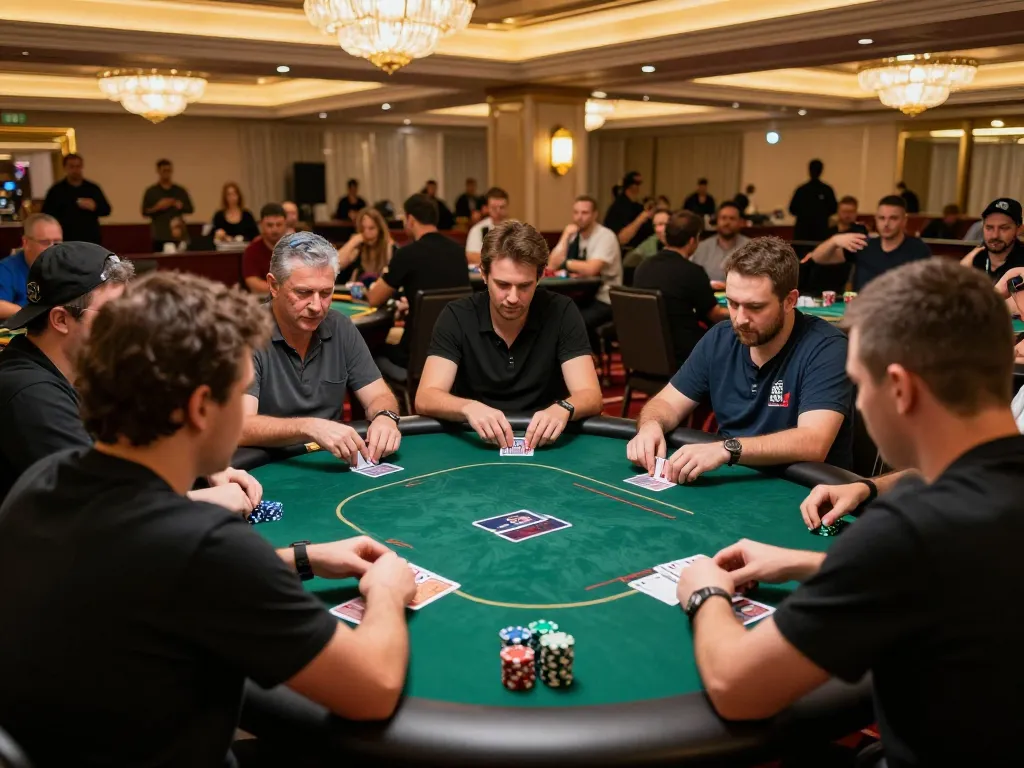 Players strategizing in an intense sunwingo poker game, showcasing chips and cards at a casino.