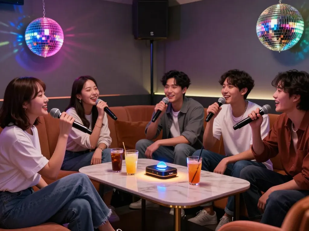 친구들이 음료와 생기 넘치는 장식이 있는 서구청쓰리노 방에서 노래를 즐기고 있습니다.
