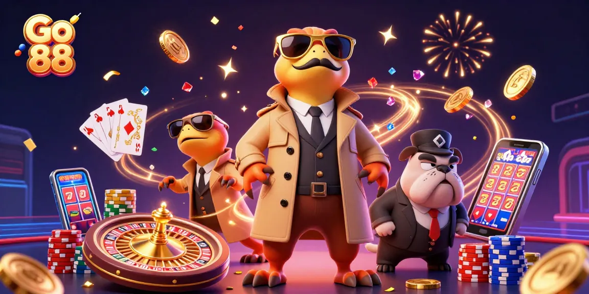 Engage in thrilling casino fun with Go 88's lively raptors in a trench coat scene.