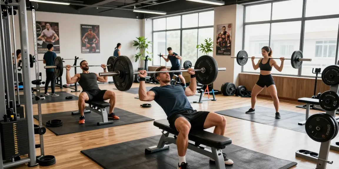 Kraftsportler trainieren intensiv im Fitnesscenter von Steroidshop, präsentieren dynamische Übungen und eine motivierende Atmosphäre.