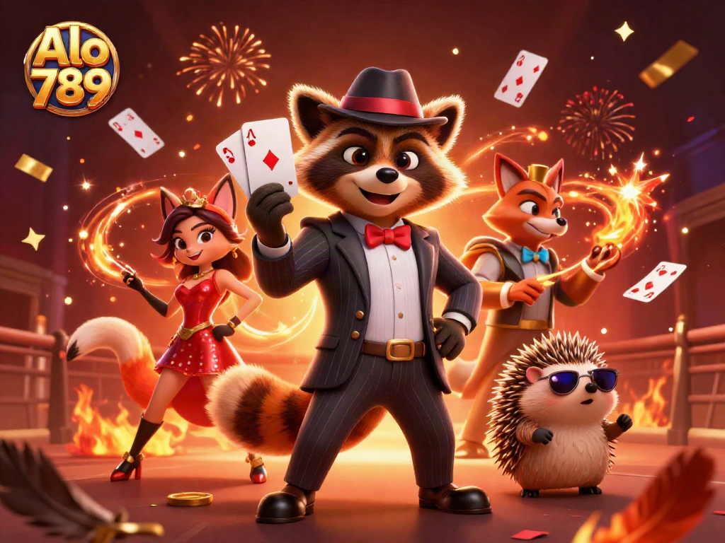 Experience the excitement of cockfighting at Alo 789 with a raccoon holding a royal flush.