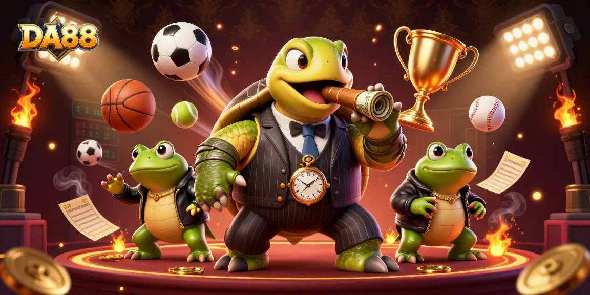 DA88 showcases thrilling sports betting excitement with a vibrant 3D illustration of characters at play.
