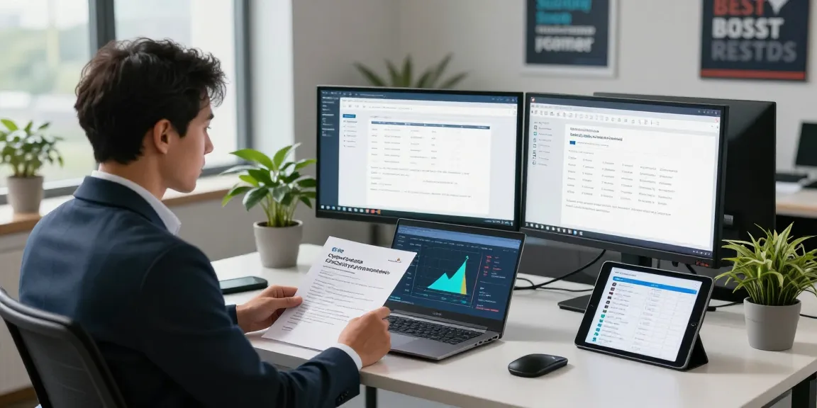 Consultant reviewing how to get cyber essentials certified in a modern office with compliance documents and technical dashboards.