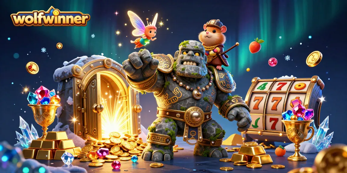 The wolfwinner scene enchants players with a golem guardian and vibrant casino treasures.