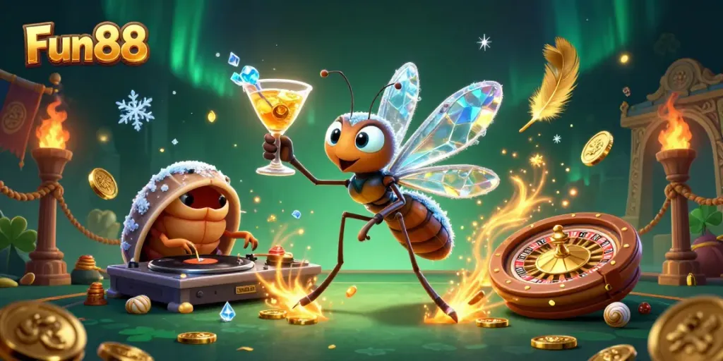 Fun88 spins to victory with a frozen mosquito mascot and trilobite DJ in a dazzling casino scene.