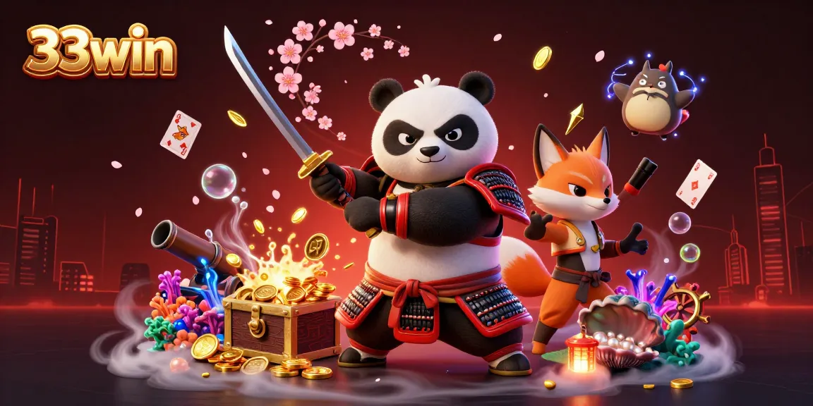 33win players experiencing a vibrant online casino adventure with samurai panda and magical elements.