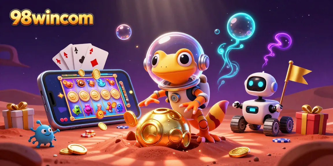 98wincom's cheerful gecko explores a golden casino on Mars, animated with gambling elements.