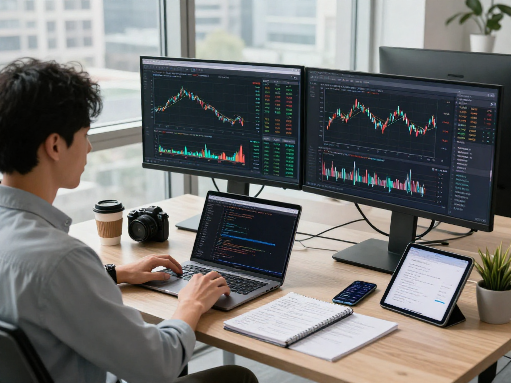Dynamic workspace illustrating HKEX stock data feed analysis, featuring developer at dual monitors with market data interfaces.