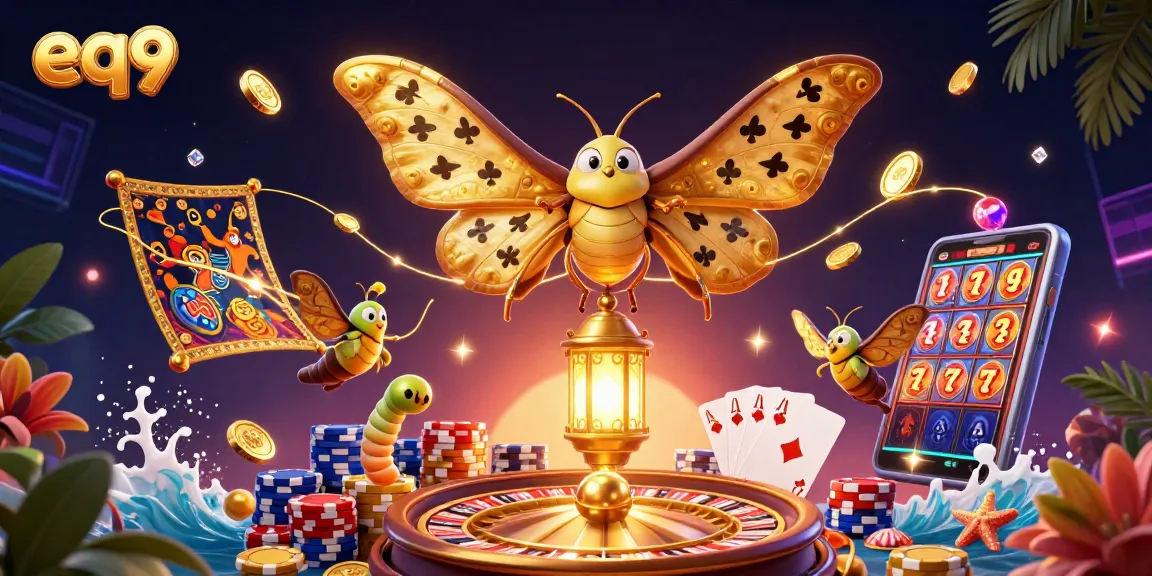 Play exciting games at EQ9, a top Australian casino platform featuring an atlas moth and gold elements.