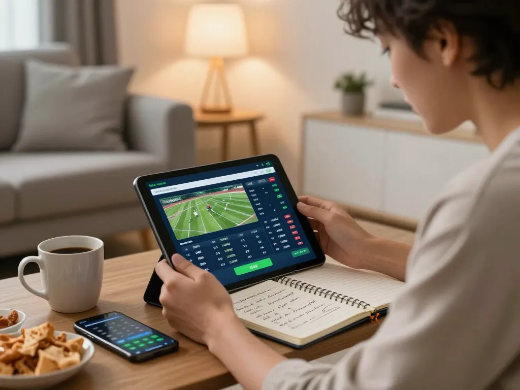 Person analyzing ty le keo nha cai 5 on a tablet while enjoying home sports betting.