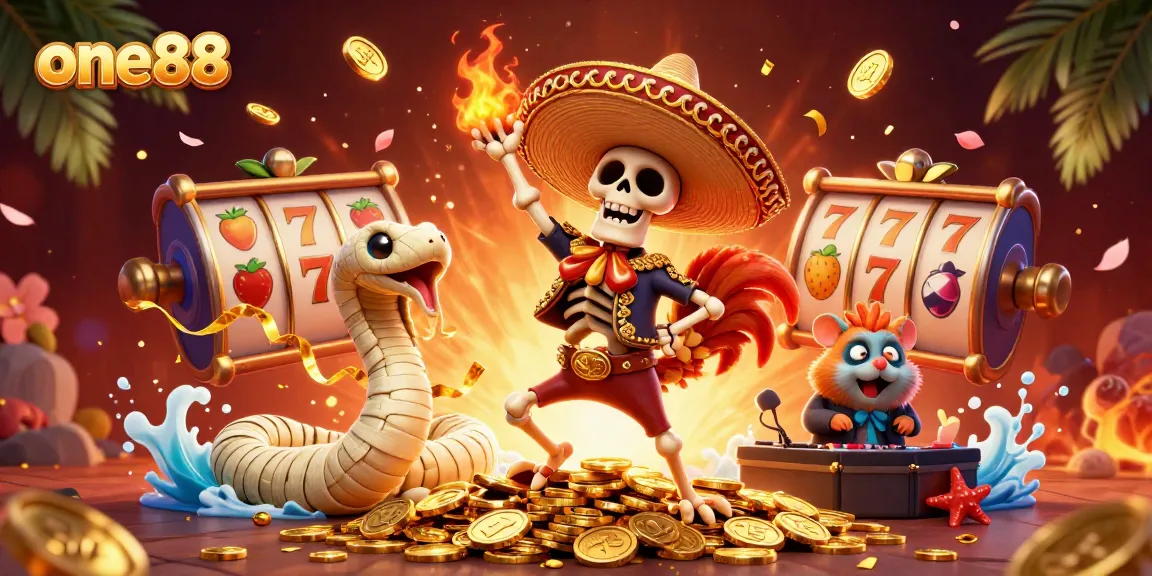 Experience thrilling wins with one88 at a vibrant casino scene featuring an energetic mariachi rooster!