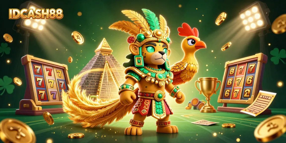 IDCASH88 promotes immersive slot gaming with vibrant graphics and dynamic energy in a captivating casino-themed illustration.