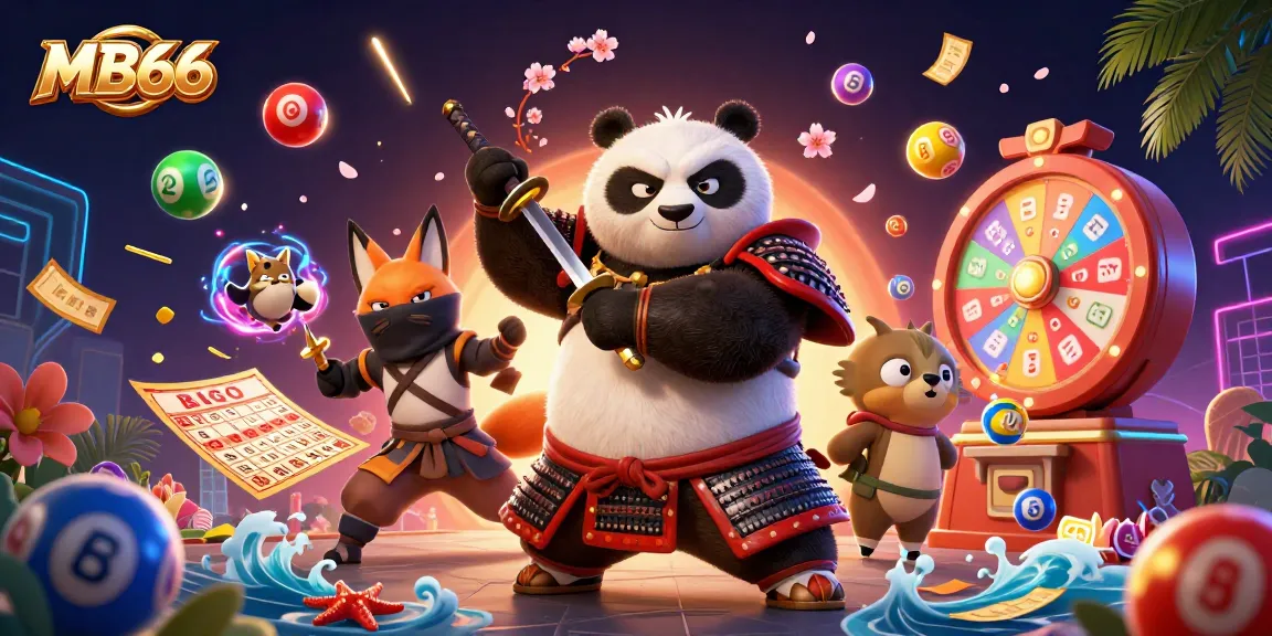 Experience exciting gaming thrills with MB66's vibrant 3D casino scene featuring a samurai panda, ninja fox, and colorful game elements.