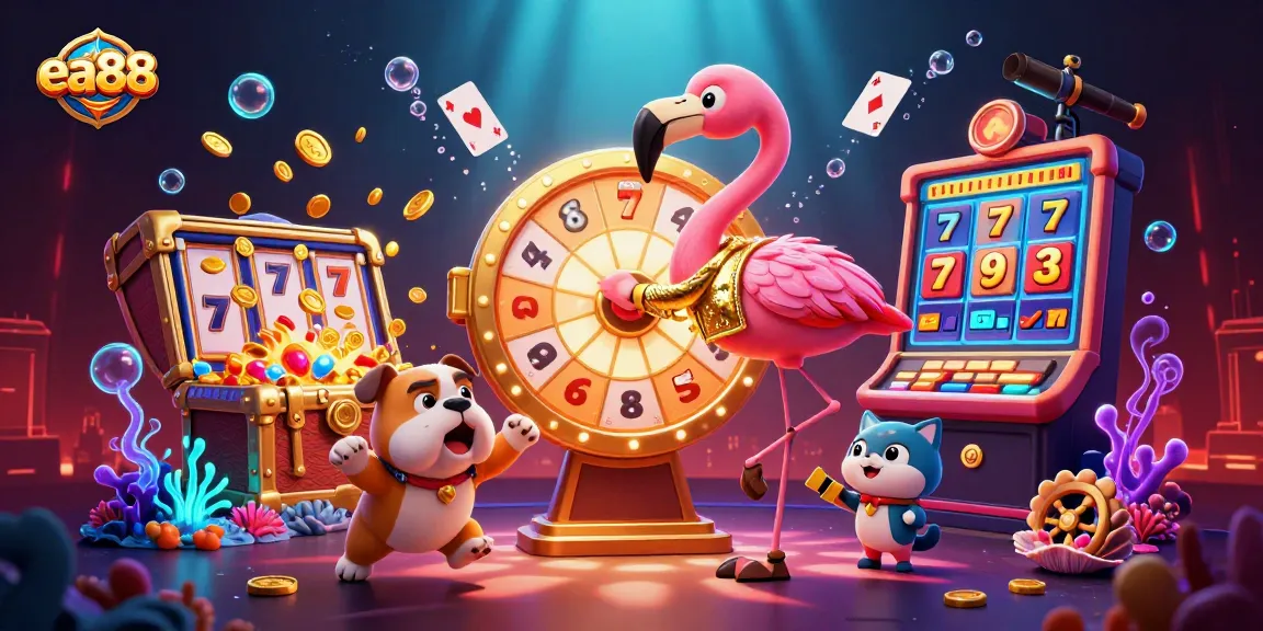 Experience thrilling prizes at ea88 with this vibrant 3D scene featuring a game show host, excited contestants, and dynamic casino elements.