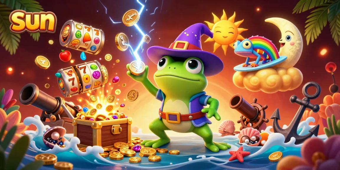 Tap into the world of slots with sun spirits and golden coins in this vibrant 3D illustration.
