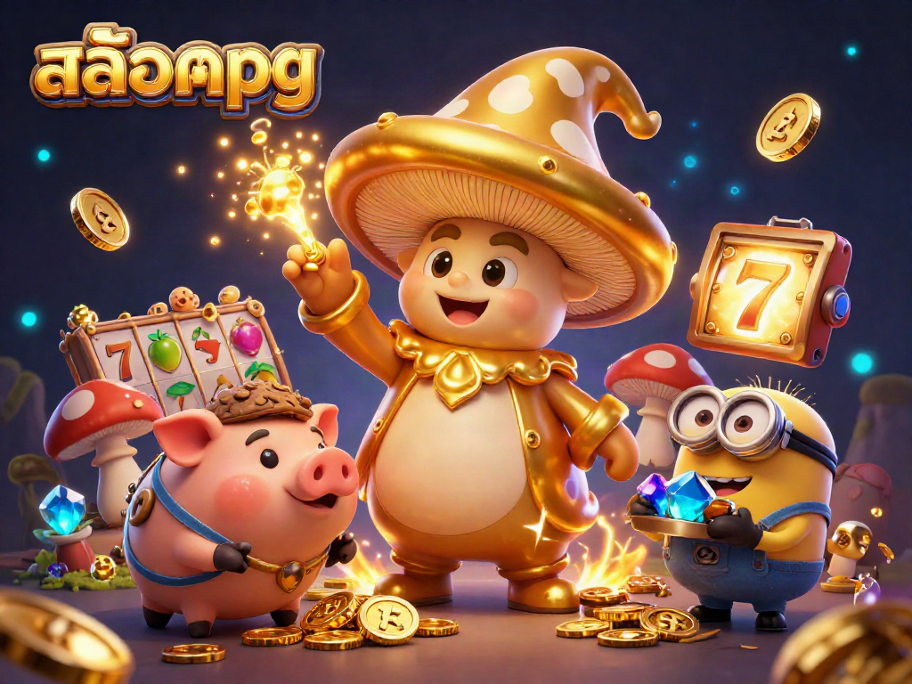 Engage in the magic of สล็อตpg with a golden wizard and treasure-hunting characters in a vibrant casino scene.