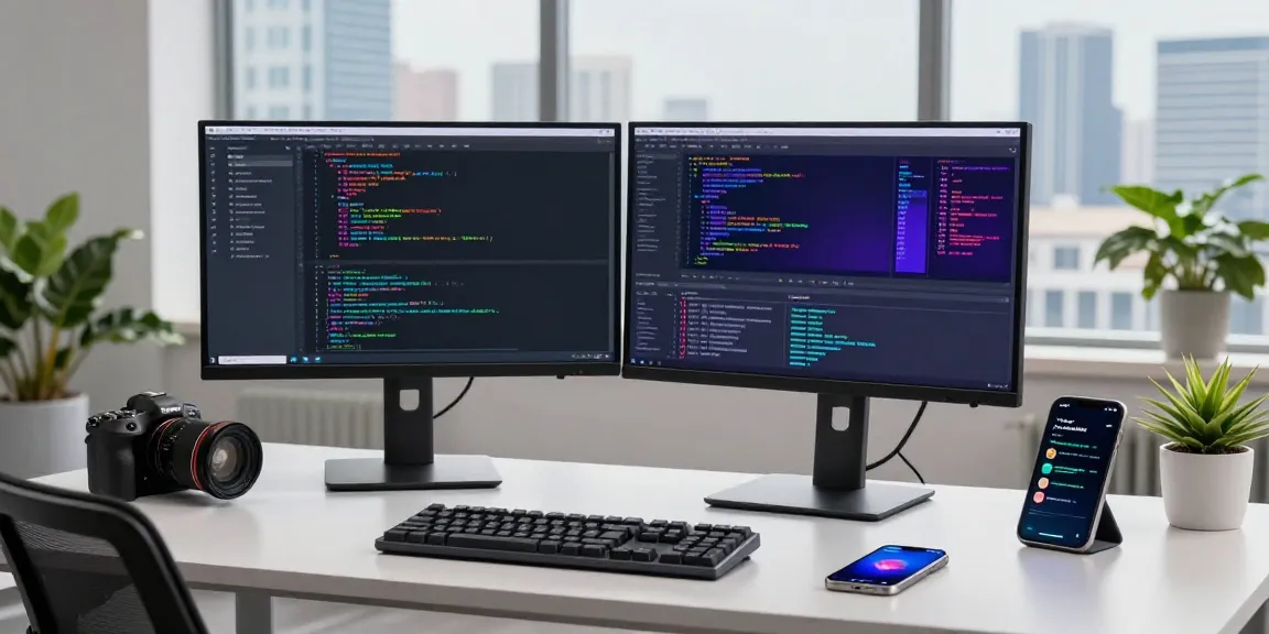 Focused software developer at a sleek desk coding on monitors showcasing code for teiegramin.com in a modern office