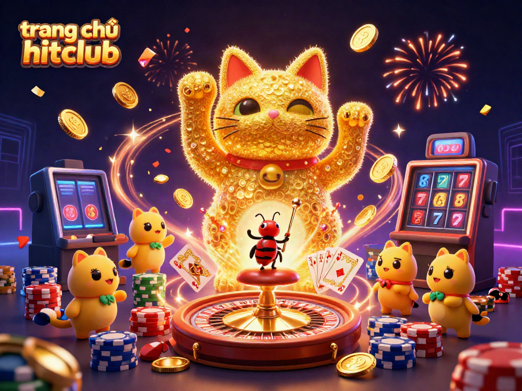 Experience the vibrant world of online gaming with trang chủ hitclub’s giant lucky cat and dynamic casino symbols.
