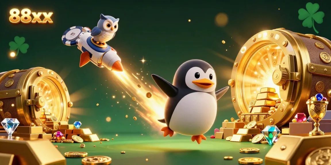 88xx offers thrilling casino fun with a golden penguin and poker chip space station in this vibrant 3D illustration.