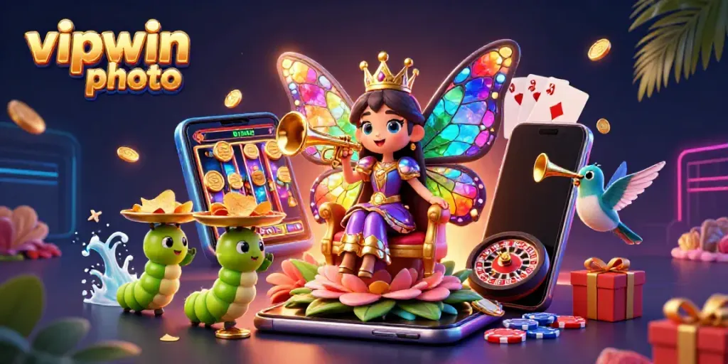 Experience thrilling gameplay at vipwin photo featuring a butterfly queen with dazzling colors amidst vibrant gambling elements.