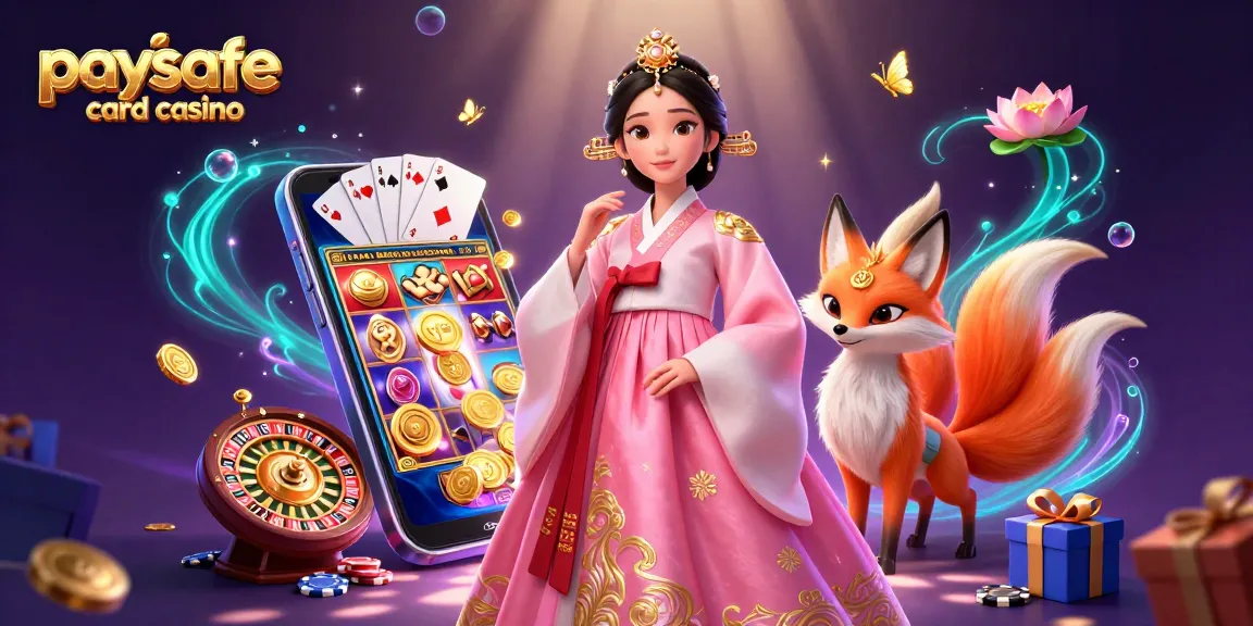 Illustration eines Paysafe Card Casinos mit einer asiatischen Frau in traditioneller Kleidung, einem glücklichen Fuchs und Spielelementen.