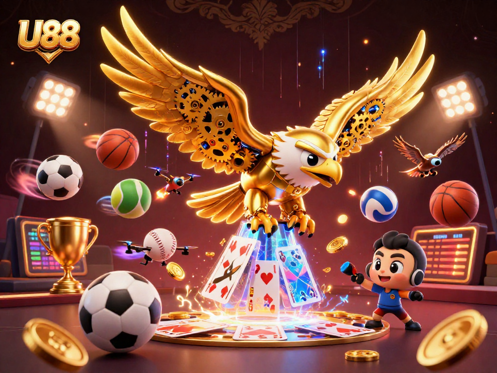 Experience thrilling sports betting action with U88's cybernetic eagle flying through dynamic game elements.