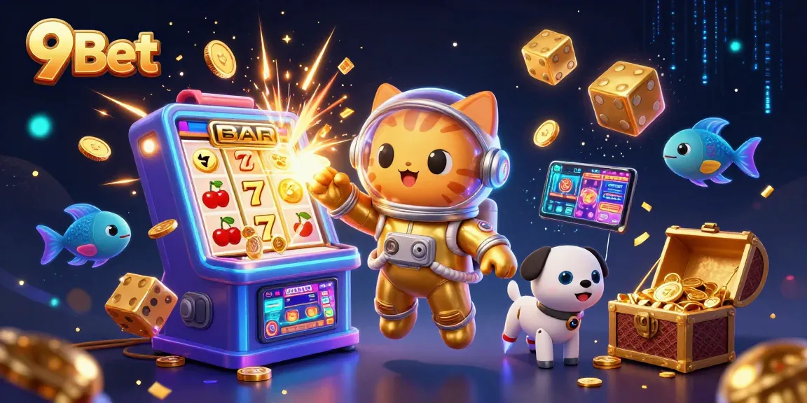 Engage with 9Bet's thrilling casino vibes in this vibrant 3D digital scene of excitement.