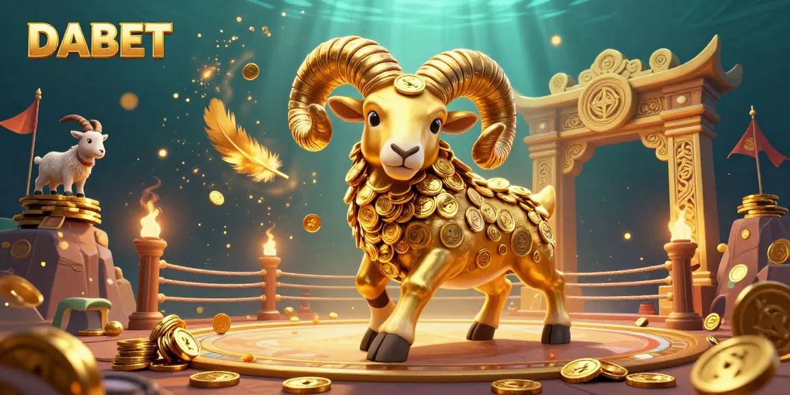 DABET showcases an exciting 3D casino scene with a golden ram charging through a dynamic gaming arena.