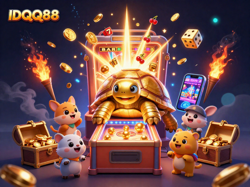 Engage with the IDQQ88 gaming experience featuring a dynamic 3D illustration with a golden tortoise pinball machine.