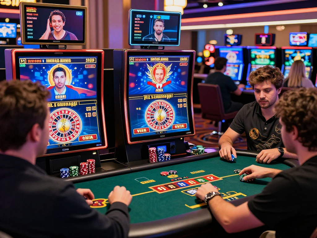 Giocatori entusiasti immersi in un ambiente di siti casino non AAMS, coinvolti in giochi come slot e poker.