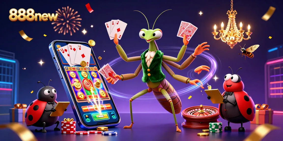 Engage with vibrant casino action in this 888new illustration featuring a mantis dealer and games.